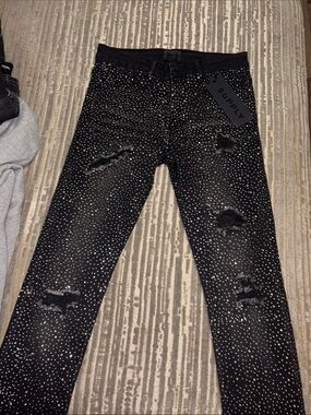 Men's Black Distressed Skinny Jeans with White Dot Print